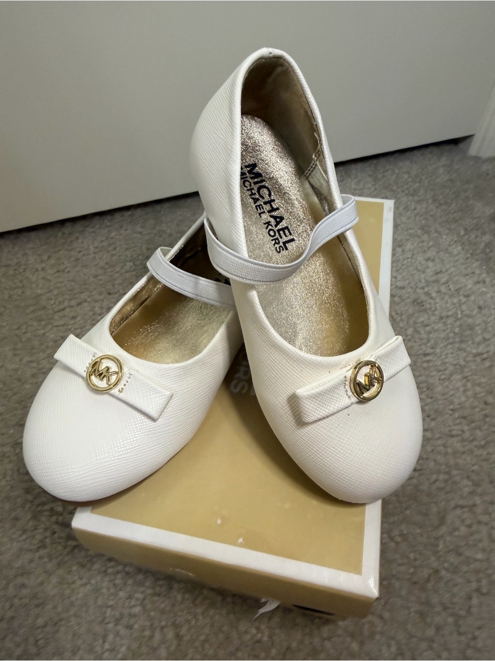 Michael Kors Girls White Mary Jane Flats with Gold MK Accent